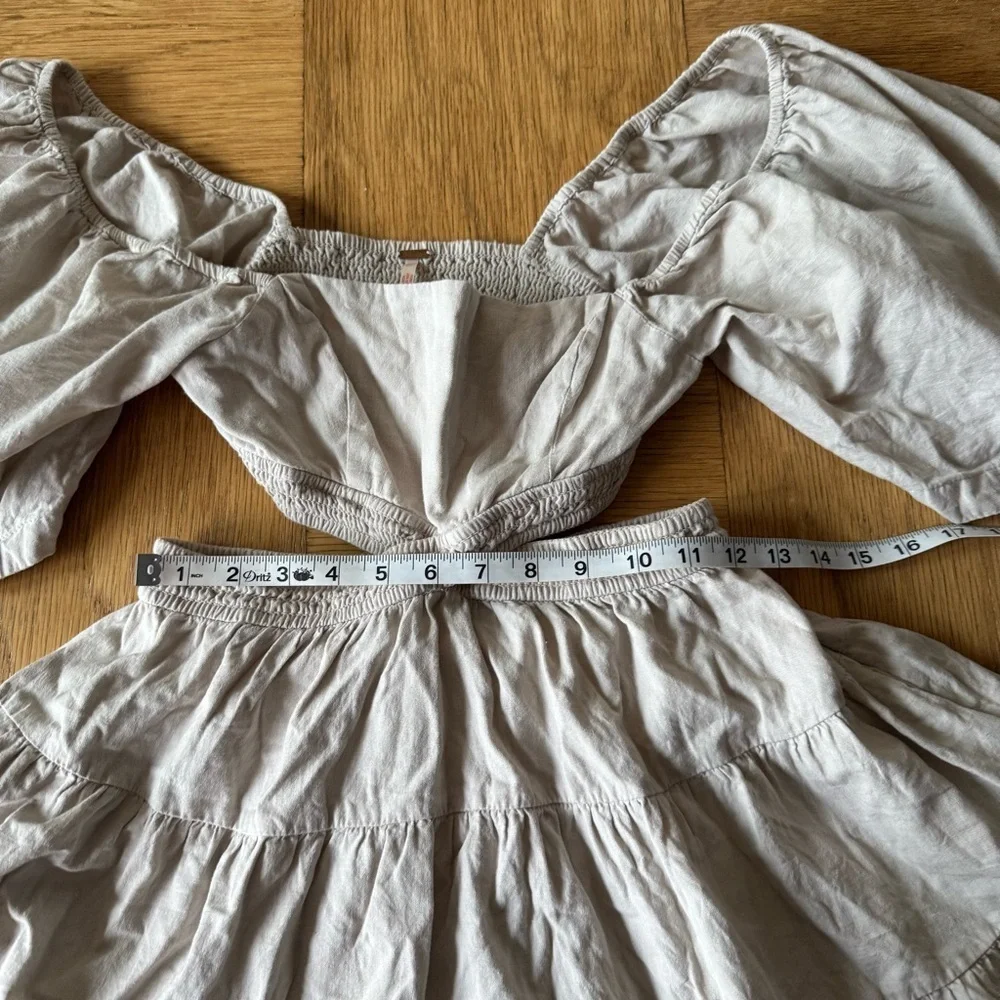 Free People XS Cross of Sunlight Dress Tan Oatmeal Mini Tiered Criss Cross Back